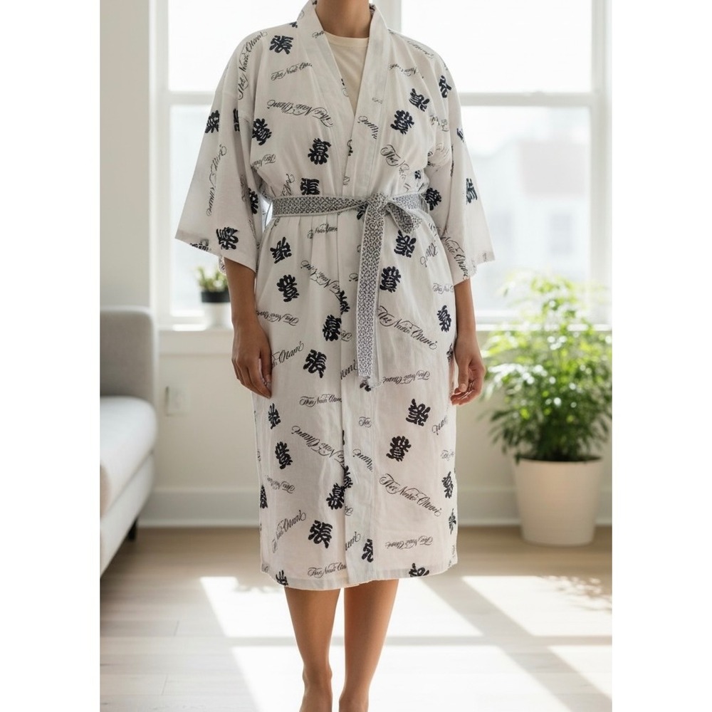 VTG MooMoo Japanese Kimono Women's Summer Cotton Robe White Blue One Sz